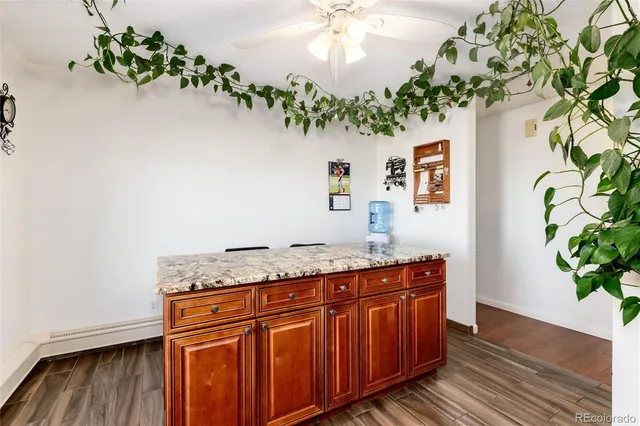 a hallway with a granite counter top a potted plant and a wooden floor