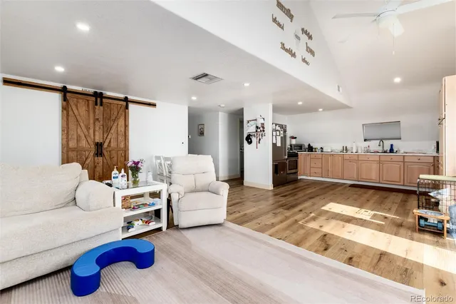 a living room with furniture and a rug