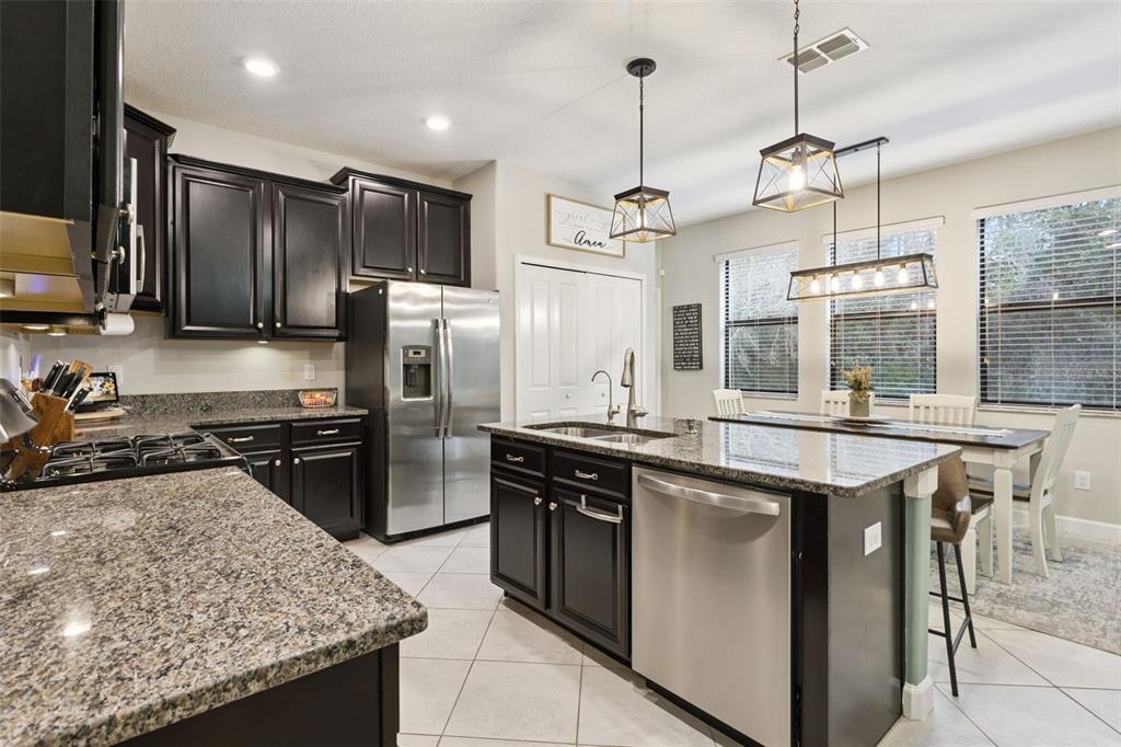 8816 Shady Pavillion Court Land O Lakes, FL 34637 - Photo 13 of 64 a kitchen with kitchen island granite countertop stainless steel appliances a sink stove and refrigerator