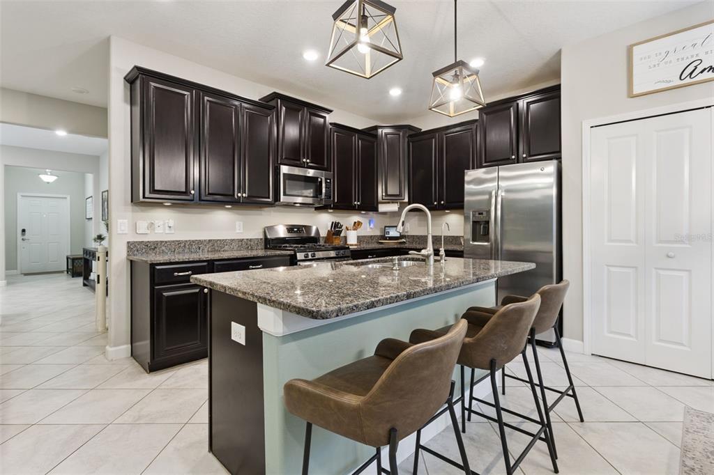 8816 Shady Pavillion Court Land O Lakes, FL 34637 - Photo 15 of 64 a kitchen with stainless steel appliances granite countertop a stove refrigerator sink microwave and cabinets