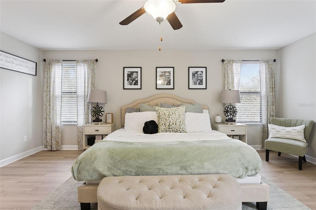 8816 Shady Pavillion Court Land O Lakes, FL 34637 - Photo 24 of 64 a bedroom with a large bed and a chandelier