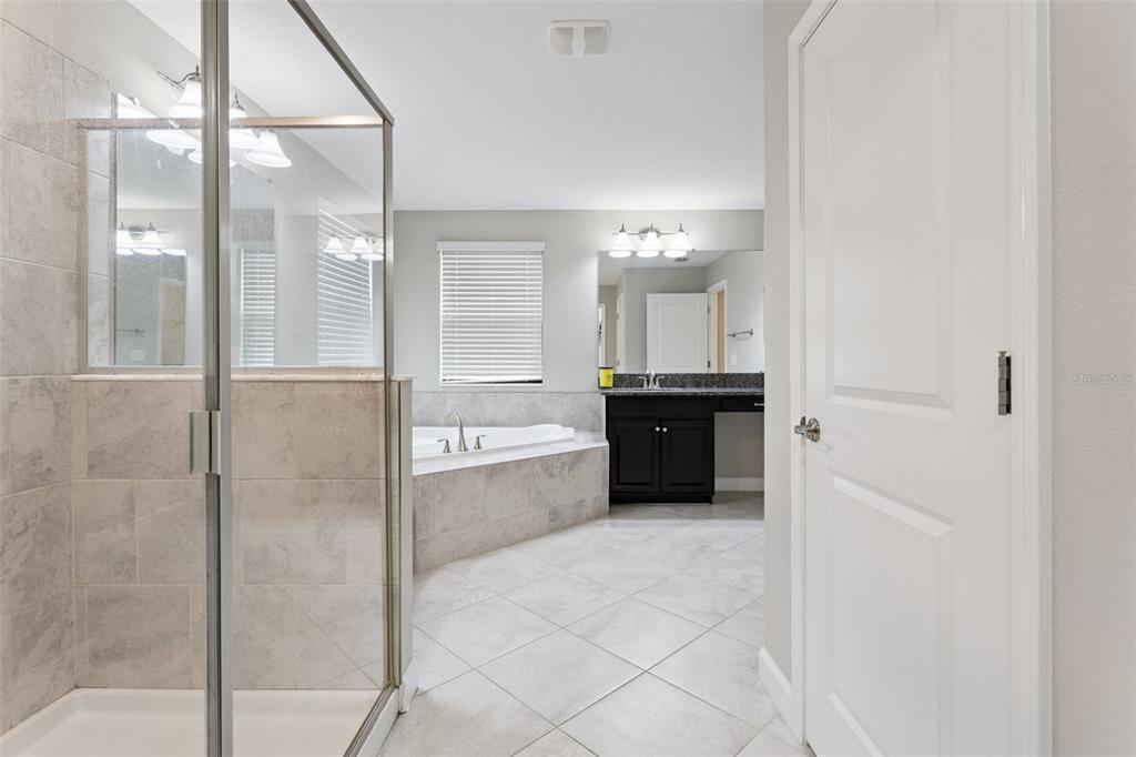 8816 Shady Pavillion Court Land O Lakes, FL 34637 - Photo 32 of 64 a large bathroom with a glass shower door and a mirror
