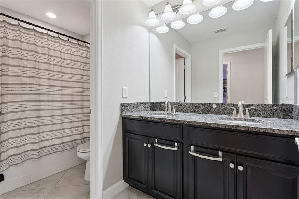 8816 Shady Pavillion Court Land O Lakes, FL 34637 - Photo 37 of 64 a bathroom with a granite countertop sink a toilet and a mirror