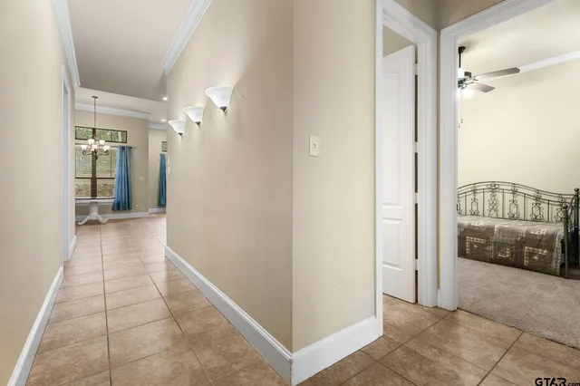 a view of hallway with walk in closet and a mirror