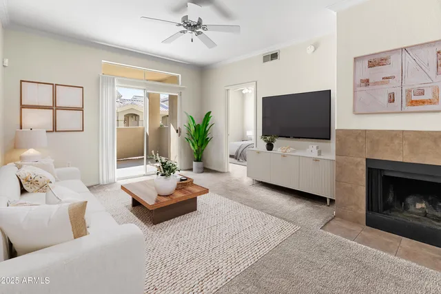 a living room with furniture and a fireplace