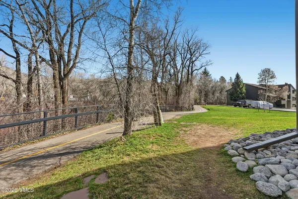a view of a backyard with large trees