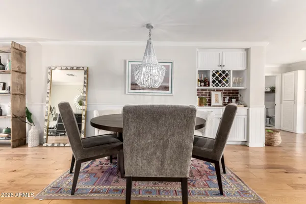 a view of a dining room with furniture