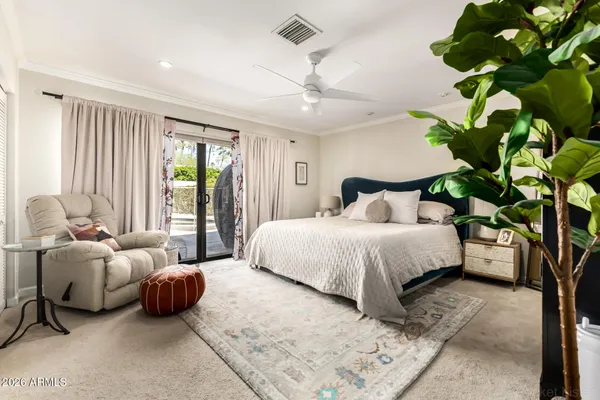 a spacious bedroom with a bed a couch and a potted plant