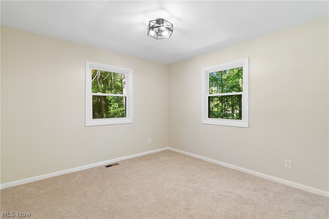 1075 Northeast River Road Lake Milton, OH 44429 - Photo 19 of 34 Light-filled room featuring two white-trimmed windows, neutral-toned walls, beige carpet, and a geometric flush-mount ceiling fixture