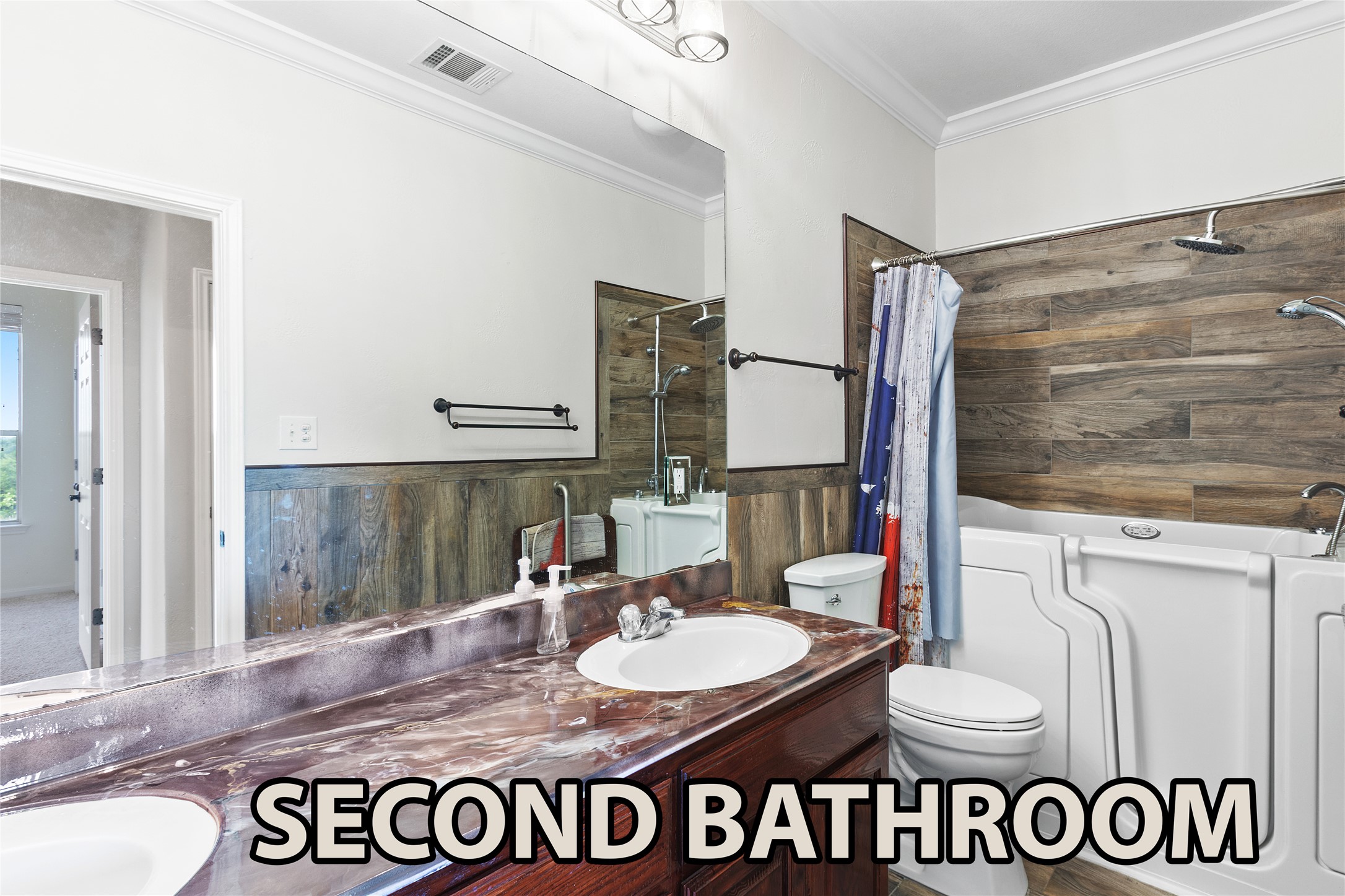 15020 Hero Way West Leander, TX 78641 - Photo 15 of 38 a bathroom with a granite countertop sink and a mirror