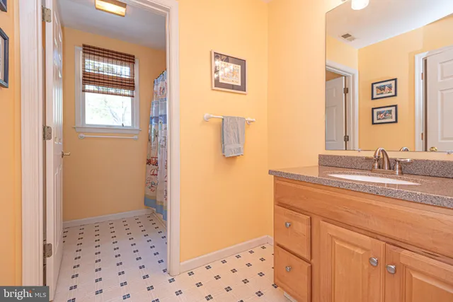 a bathroom with a sink a mirror and a shower