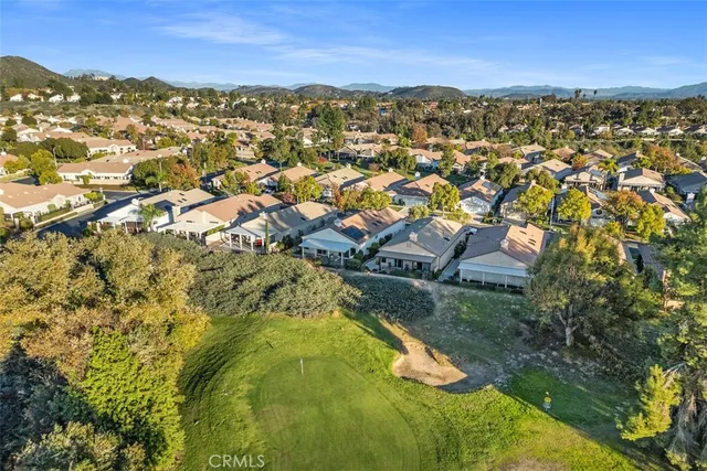 an aerial view of residential houses with outdoor space and trees