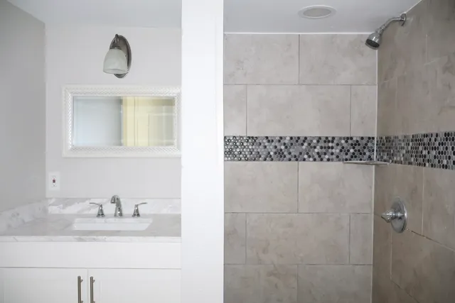 a bathroom with a sink a mirror and a shower