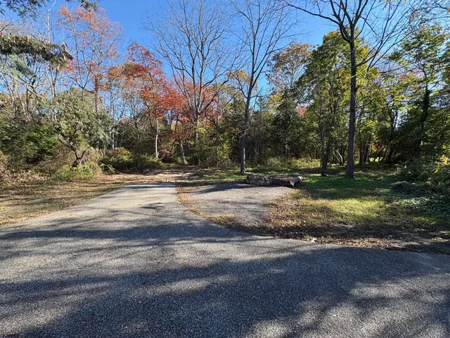 a backyard of a house with large trees