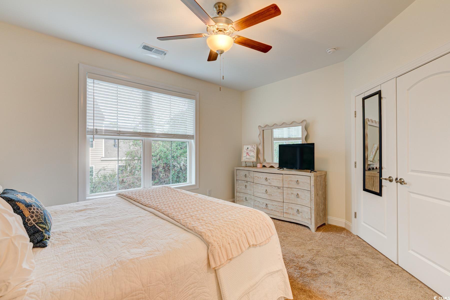 130 Puffin Drive, Unit 2B Pawleys Island, SC 29585 - Photo 20 of 34 Bedroom with light colored carpet, a ceiling fan, and a closet