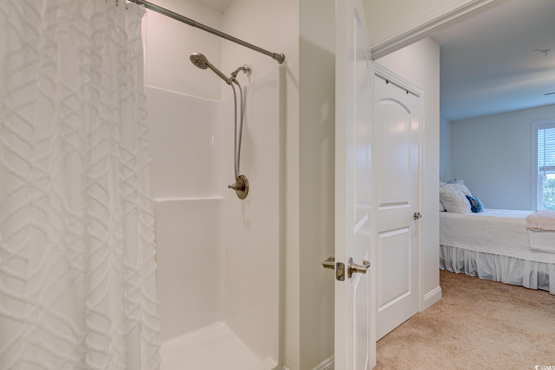 130 Puffin Drive, Unit 2B Pawleys Island, SC 29585 - Photo 26 of 34 Bathroom featuring connected bathroom, carpet floors, and a shower stall