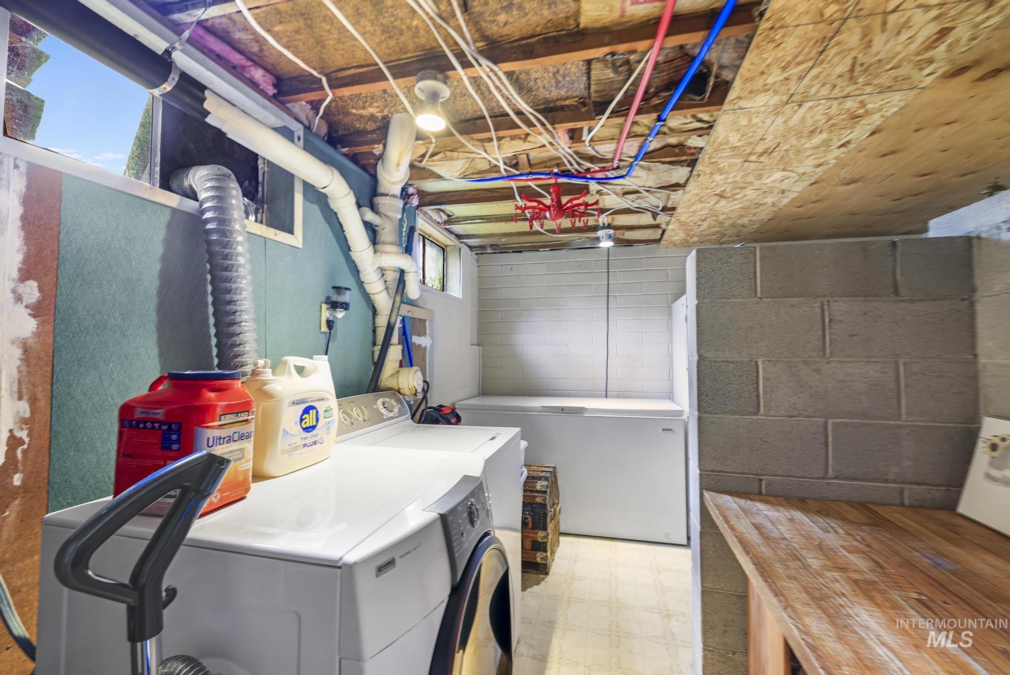 19591 Queen Crown Road Carey, ID 83320 - Photo 21 of 37 Utility area featuring a laundry hookup, exposed ceiling joists, and concrete block wall
