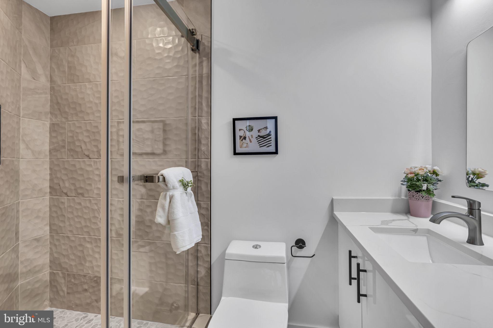 1103 Fern Street Northwest, Unit 301 Washington, DC 20012 - Photo 41 of 57 a bathroom with a granite countertop sink a toilet and shower