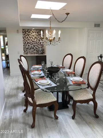 a view of a dining room with furniture