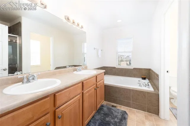 a bathroom with a tub a sink and mirror