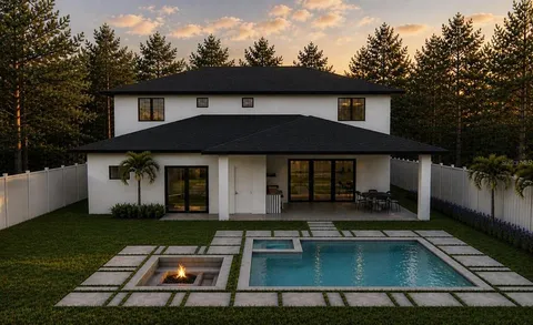 a view of a white house with a swimming pool
