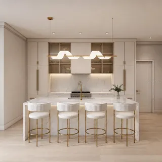a kitchen with a table chairs stove and cabinets