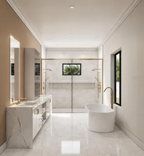 a spacious bathroom with a bathtub and potted plant