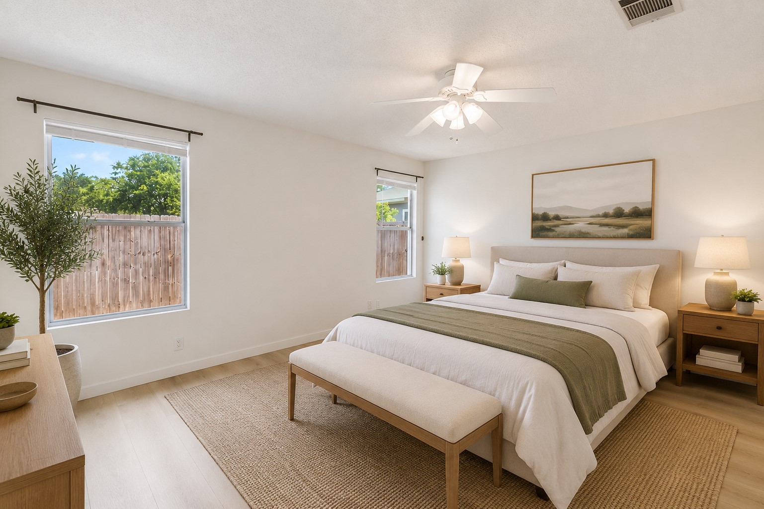 13827 Spring Heath Road Pflugerville, TX 78660 - Photo 13 of 20 Natural light pours into this tranquil bedroom, showcasing the warm wooden flooring and crisp white walls. Digitally Staging.