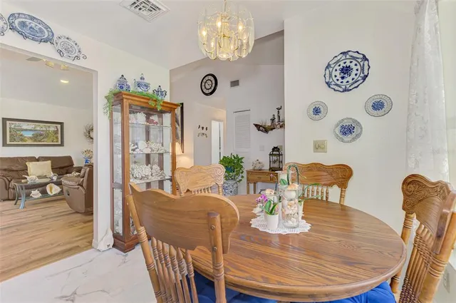 a view of a dining room with furniture