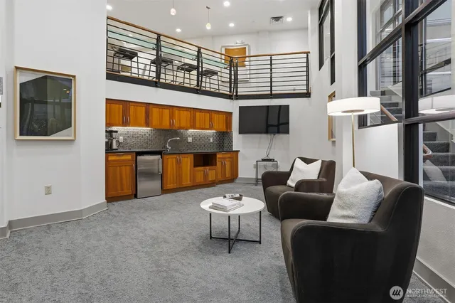 a view of a dining room with furniture