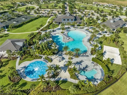 an aerial view of a pool