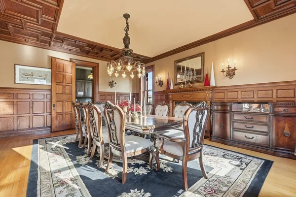 a view of a dining room with furniture