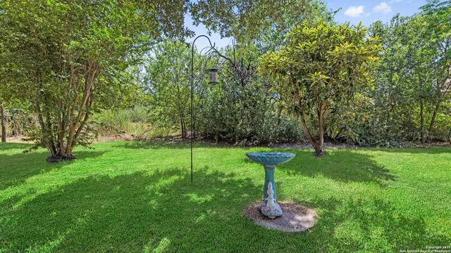 a view of a backyard with a fountain