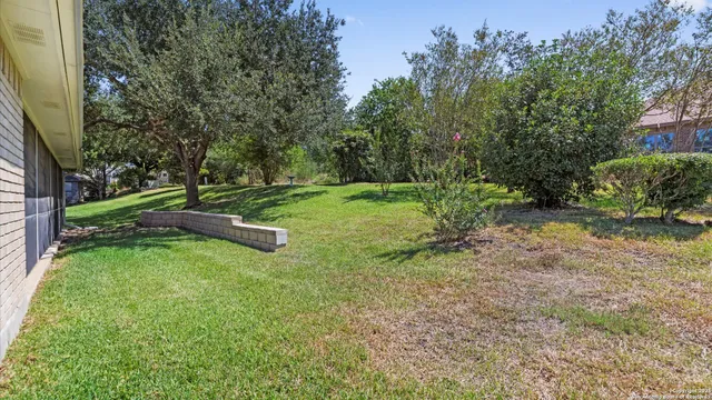 a view of a garden with a fountain