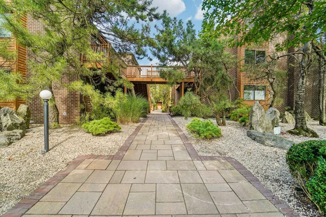 a view of a pathway with a garden