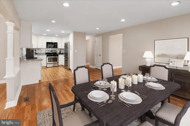 a view of a dining room with furniture