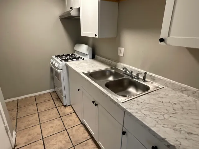 a kitchen with a sink a stove and cabinets