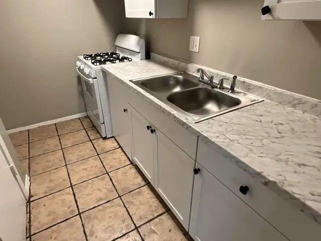 a kitchen with a sink a stove and cabinets