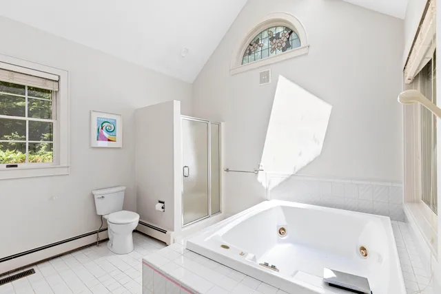 a bathroom with a bathtub and a toilet