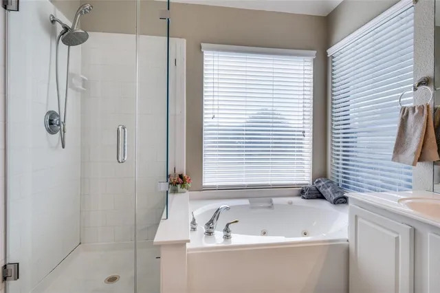 a bathroom with a tub a sink and a shower