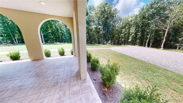 a view of a garden with large trees