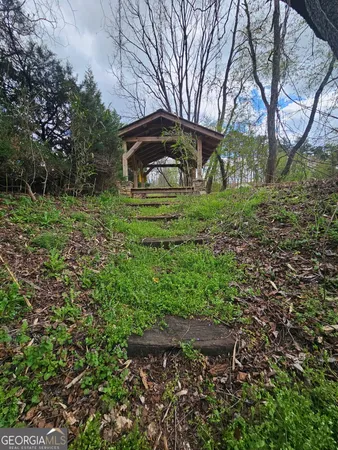 a view of a garden with a slide