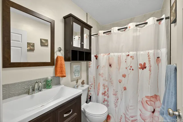 a bathroom with a sink vanity mirror and toilet