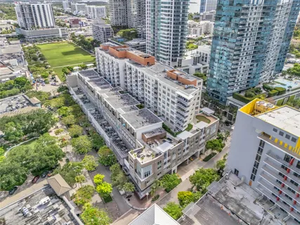 an aerial view of a backyard