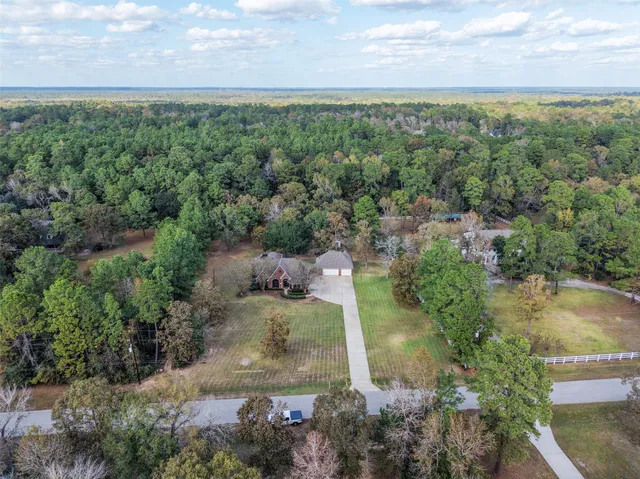 an aerial view of a houses with outdoor space and trees