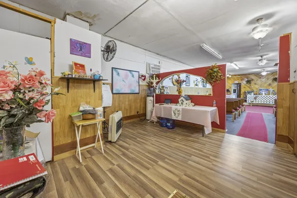 a living room with furniture and a potted plant