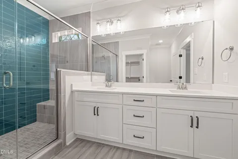 a bathroom with a double vanity sink a mirror and shower
