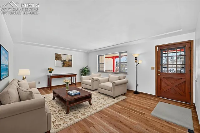 a living room with furniture a rug and a window