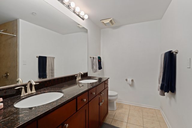 520 South State Street, Unit 711 Chicago, IL 60605 - Photo 18 of 28 a bathroom with a granite countertop sink a mirror and shower