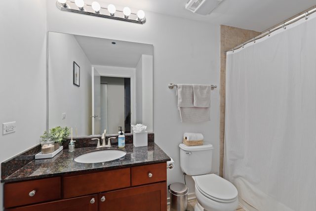 520 South State Street, Unit 711 Chicago, IL 60605 - Photo 21 of 28 a bathroom with a granite countertop toilet a sink and a mirror